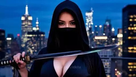 Woman in black hooded outfit with a katana on a city rooftop at night, city skyline in background.