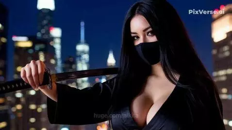 Woman in black outfit and mask with katana on a city rooftop at night, performing martial arts.