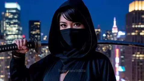 Ninja in black cloak and mask fights a character in samurai armor with katanas on a city rooftop at night.