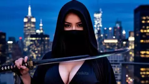 Woman in black hooded outfit with mask holding a katana during a rooftop sword fight at dusk.