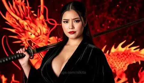 Woman with dark hair and katana, serious expression, posing with a fiery red dragon in a smoky, dark background.