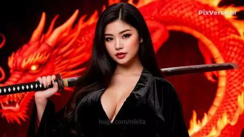 Warrior woman in black kimono style top and wide-leg pants wielding a katana against a large red fire-breathing dragon.