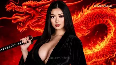 Woman with katana fighting a large red fire-breathing dragon, dramatic combat scene.