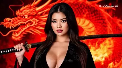 Woman in black robe wielding a katana fights a large red dragon breathing fire, with sparks and flames in the background.