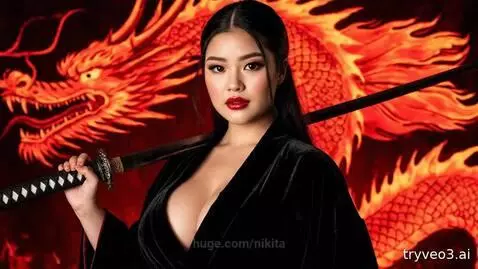 Warrior woman with katana battles a fire-breathing dragon with explosions and sparks.