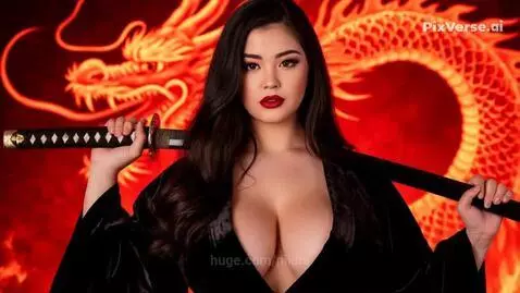 Fantasy art of a woman with a katana facing a large red dragon breathing fire, with sparks and flames in the background.