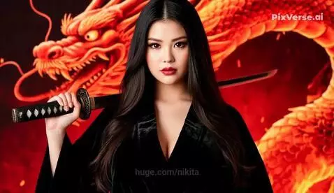 Woman in black kimono with katana fighting a large fiery red dragon.