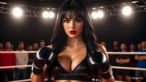 Woman with dark hair, red lipstick, and boxing gloves stands in a boxing ring.