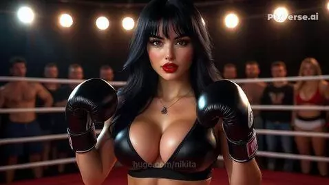 Woman in red boxing gloves punches blonde opponent in black sports bra during a fight.