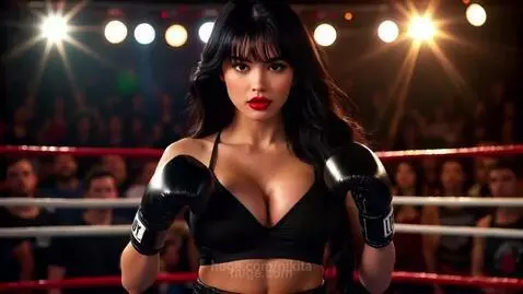 Two women in boxing gear, one with dark hair and red lipstick, exchange punches in a boxing ring during a match.