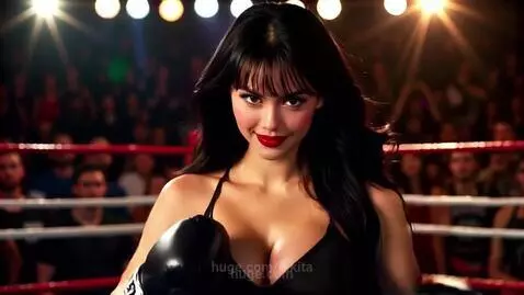 Two women in boxing gear, one with dark hair and red lipstick, exchange punches in a boxing ring during a match.