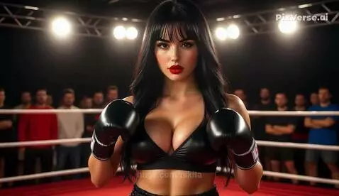 Two female boxers, one blonde and one dark-haired, in a boxing ring during a match. Close-up of a punch.