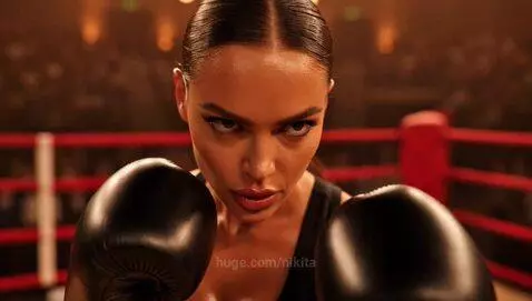 Female boxer in black gloves lands a punch on opponent in red gloves during a boxing match.