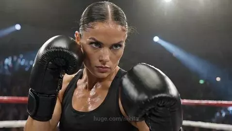 Two female boxers, one with dark hair and one with blonde hair, sparring intensely in a boxing ring.