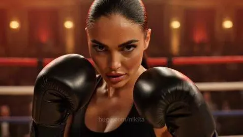 Woman in black boxing gloves and top intensely punches opponent in red boxing attire in a boxing ring.