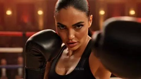 Woman in black boxing gloves and top intensely punches opponent in red boxing attire in a boxing ring.