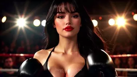 Two women boxing in a ring, one with dark hair and red lipstick, the other with blonde hair.