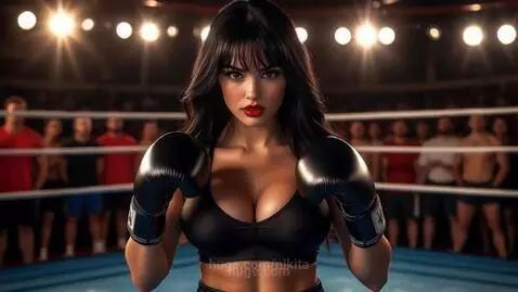 Women in sports bras and boxing gloves posing suggestively in a boxing ring under dramatic lighting.