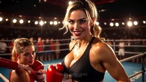 Women in sports bras and boxing gloves posing suggestively in a boxing ring under dramatic lighting.