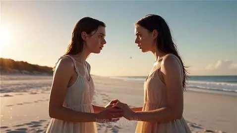 Two identical women with glowing halos stand on a beach at sunrise/sunset, with the ocean in the background.