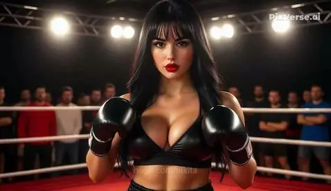 Two women in boxing gear, one blonde and one with dark hair, sparring intensely in a boxing ring.
