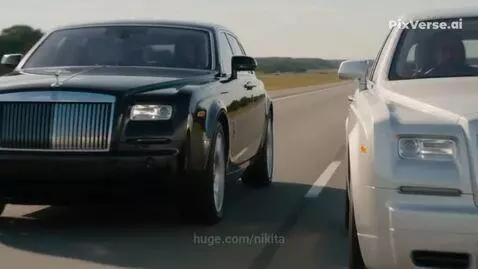 Two Rolls-Royce Phantoms in a high-speed car chase, one bumping the other, with women drivers.