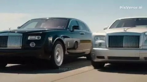 Two Rolls-Royce Phantom cars on a sunny road, one gently bumping the other, with a determined female driver.