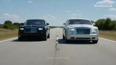 Two luxury cars, black and silver, side-by-side on a highway before a collision, with smoke and impact visible.