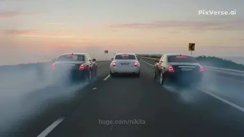 Three Rolls-Royce Phantoms performing synchronized high-speed drifts with tire smoke on a coastal highway at sunset.