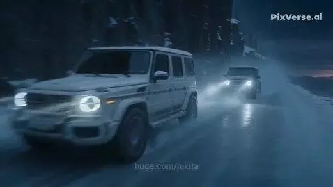 Two Mercedes G-Wagons driving on a snow-covered mountain road at dusk, one rear-ending the other near a cliff.