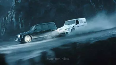 Black Mercedes-Benz G-Wagon driving across a collapsing wooden bridge over a chasm on a misty day.