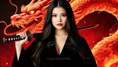 Woman with long dark hair, red lipstick, and a black top holding a katana, with a fierce red dragon behind her on a fiery background.