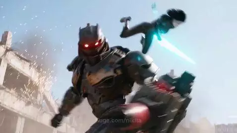 Alita in a black suit with blue energy fights a giant robot with red eyes in a ruined city.