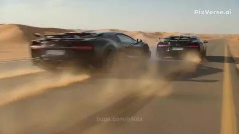 Bugatti Chiron and Lamborghini racing side-by-side on a desert road, kicking up dust.