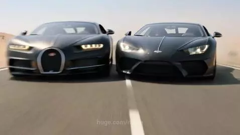 Black Lamborghini Reventon and Bugatti Chiron racing side-by-side on a desert road.