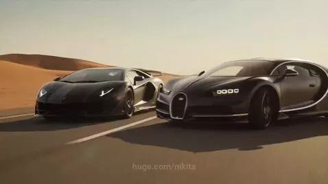 Black Lamborghini Aventador and Bugatti Chiron racing on a desert highway with sand dunes.