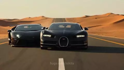 Black Lamborghini Aventador and Bugatti Chiron racing at high speed on a desert road, kicking up dust.