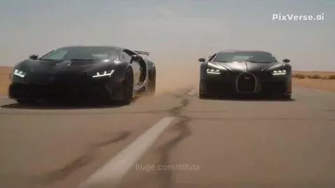 Black Lamborghini and Bugatti Chiron racing at high speed, kicking up sand in a desert landscape.