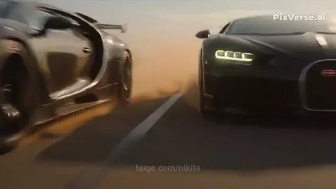 Lamborghini Reventon and Bugatti Chiron racing side-by-side on a dusty desert road, with female drivers.