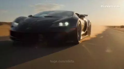 Two black Bugatti Chirons racing at high speed on a desert road, kicking up dust.