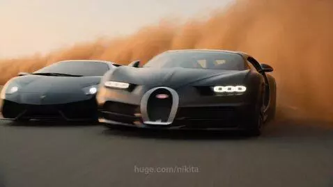 Lamborghini Reventon and Bugatti Chiron racing side-by-side on a desert road, creating a massive dust cloud.