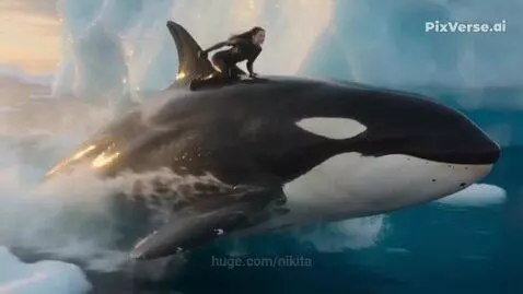 Woman in black wetsuit smiling while riding on the back of a large orca in icy waters with icebergs.