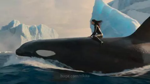 Woman in black wetsuit smiling while riding on the back of a large orca whale through icy Arctic waters near icebergs.