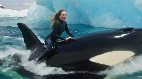 Woman in wetsuit smiling while riding on the back of a large orca whale in clear blue arctic water with icebergs.