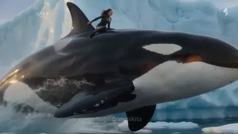 Woman in wetsuit riding a large orca whale through icy arctic waters with icebergs.