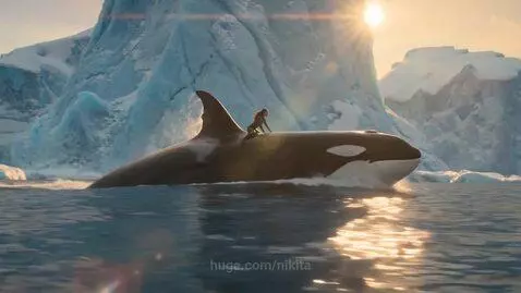 Woman smiling while riding on the back of a large orca in a majestic arctic landscape with icebergs and mountains.