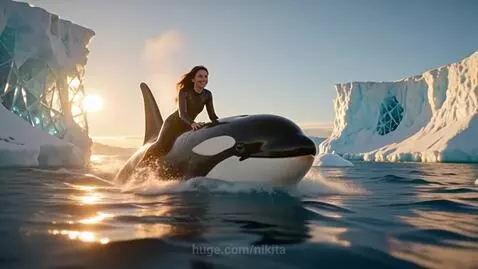 Woman in wetsuit smiling while riding an orca through a surreal arctic landscape with glowing icebergs.
