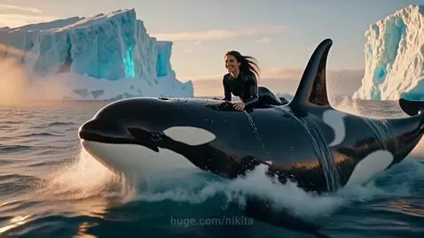 Woman in wetsuit smiling while riding a large orca through calm, icy waters with glowing icebergs and a sunset.