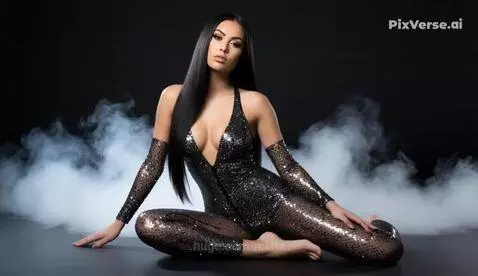 Woman with long dark hair in a black shimmering jumpsuit with sheer elements, dancing against a dark background with white smoke.