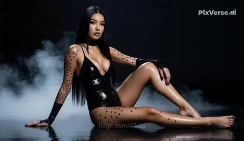 Woman with long dark hair in a black, sheer polka-dot bodysuit posing suggestively in a smoky studio.